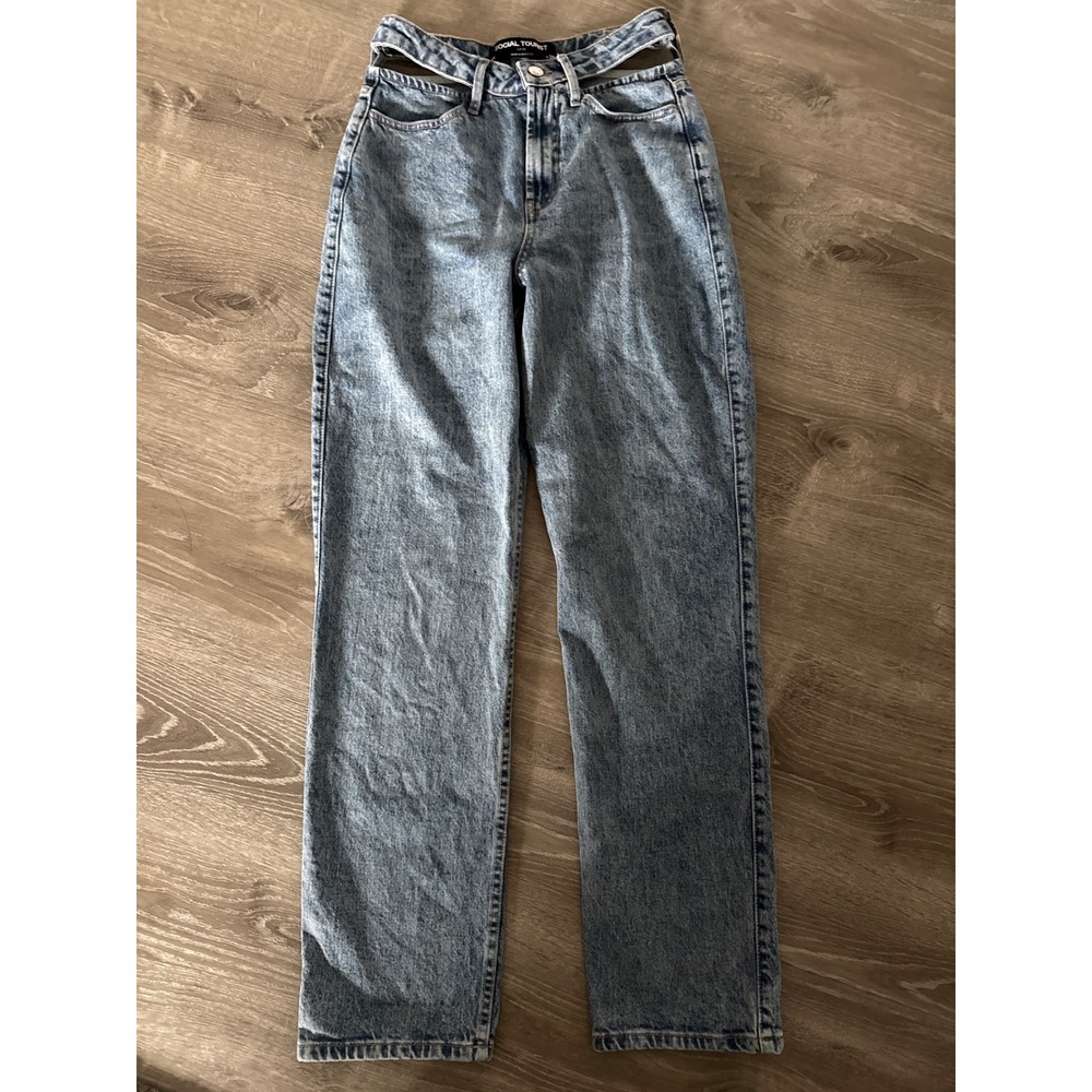 Social Tourist Ultra High Rise‎ Straight Cutout Waist Jeans Acid Wash Blue 26 3R